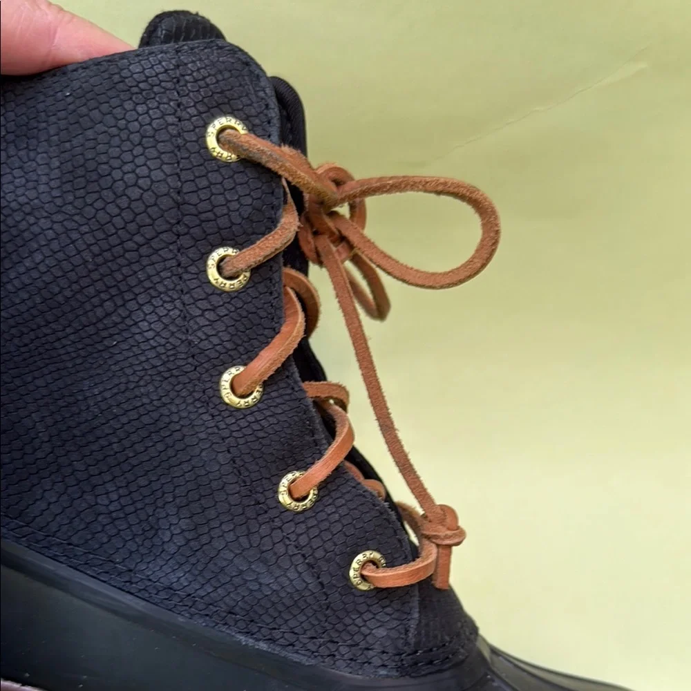 Sperry Black and Brown Winter Rain Boots with Chunky Heels